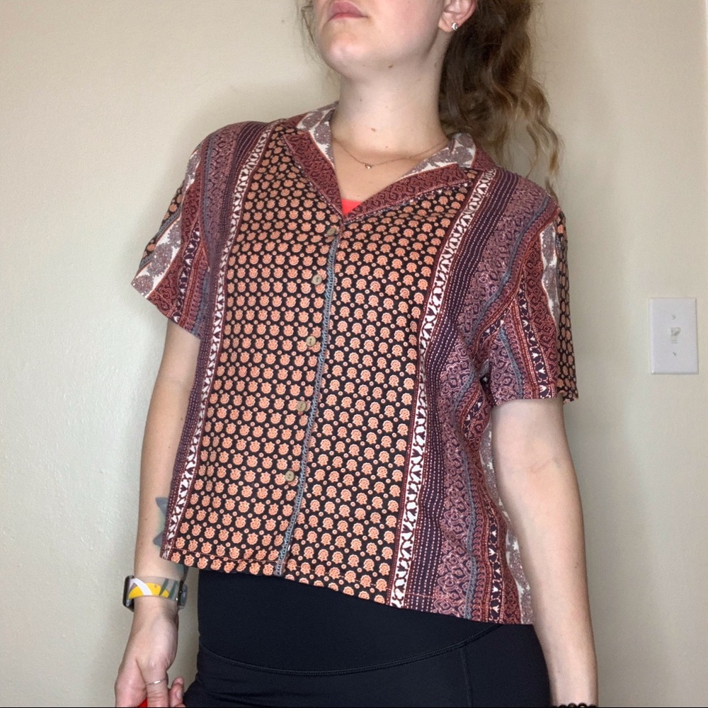 RACHEL ZOE Linen Multi-Print Button Down Shirt